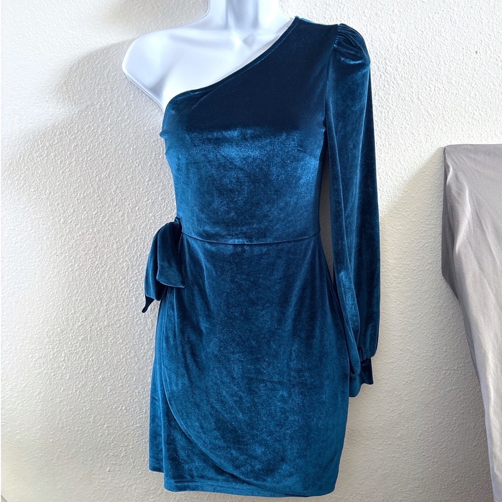 Velvet One Shoulder Mini Dress S Teal Blue Holiday Party Side Tie Mermaid Shiny
